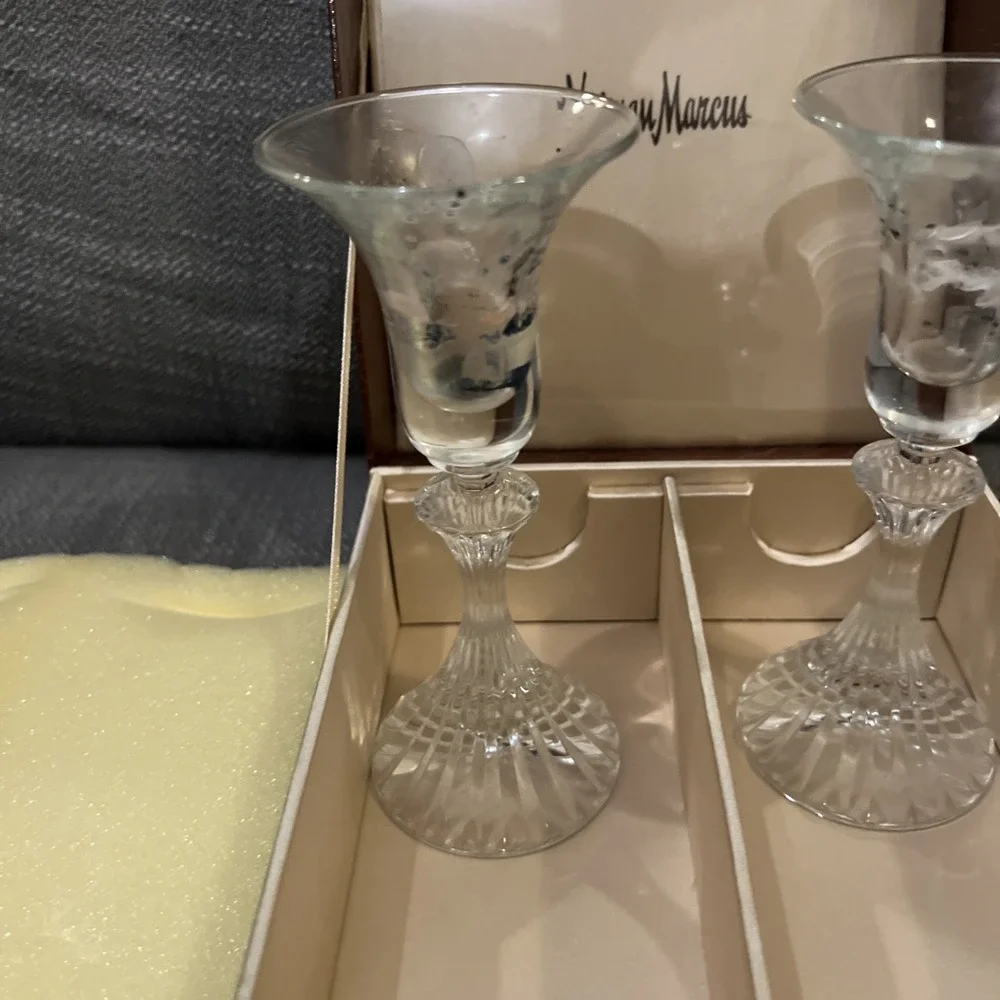 Pair of Neiman Marcus Crystal Candlesticks Preowned With Case